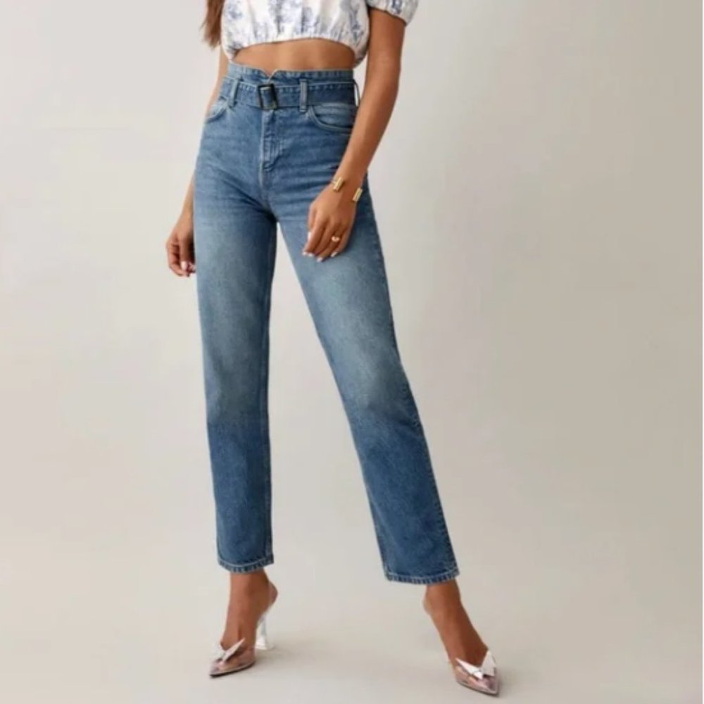 Reformation Cynthia Belted High Rise Straight Jeans